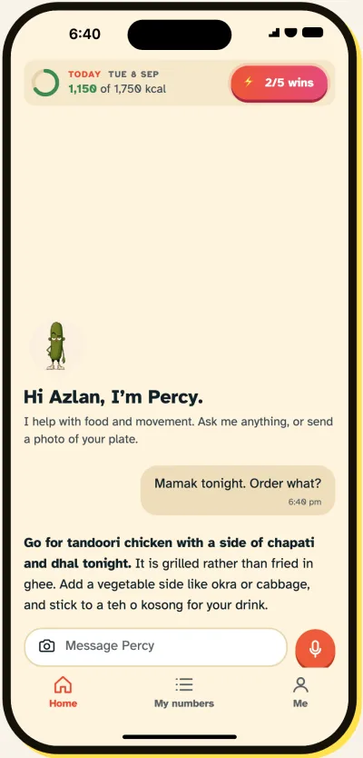 Percy's chat: asked 'Mamak tonight. Order what?', Percy says go for tandoori chicken with a side of chapati and dhal, and a teh o kosong.