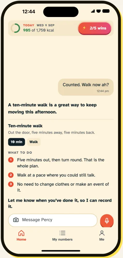 Asked 'Counted. Walk now ah?', Percy gives a ten-minute walk: five minutes out, five minutes back.
