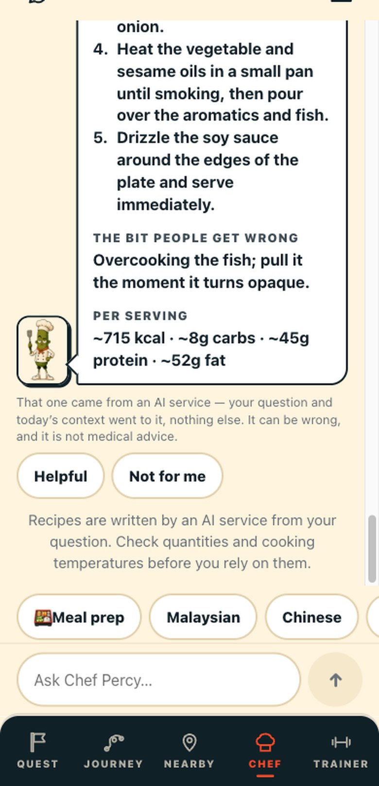 The real app's Chef screen: the end of a recipe with the bit people get wrong, the numbers per serving, and Percy's note that the recipe came from an AI service, can be wrong, and is not medical advice.