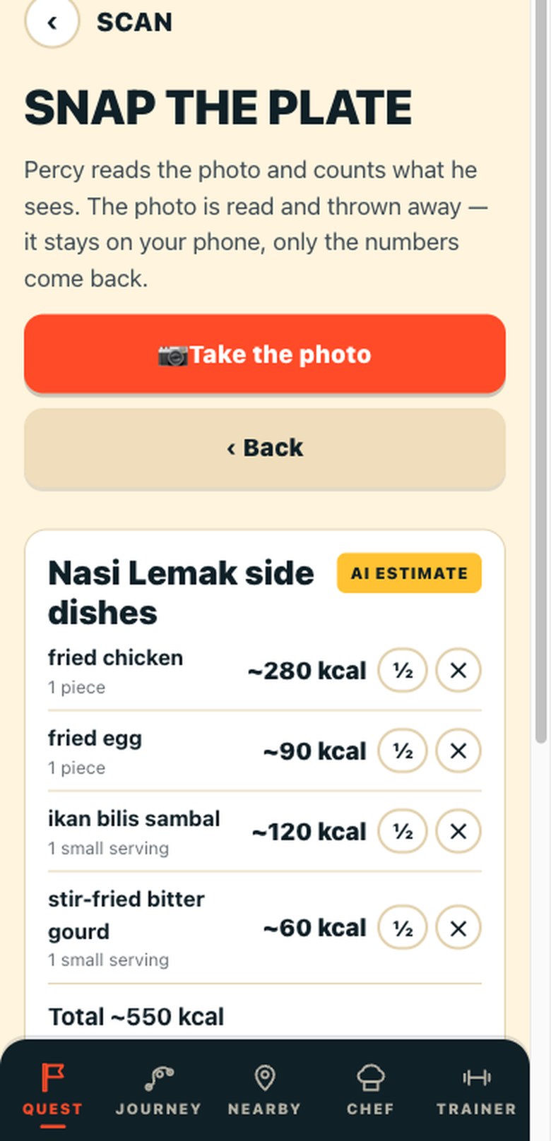 The real app reading that exact plate: fried chicken, fried egg, ikan bilis sambal and stir-fried bitter gourd, each with its own estimated calories and a total, marked AI ESTIMATE, every number correctable with a tap.
