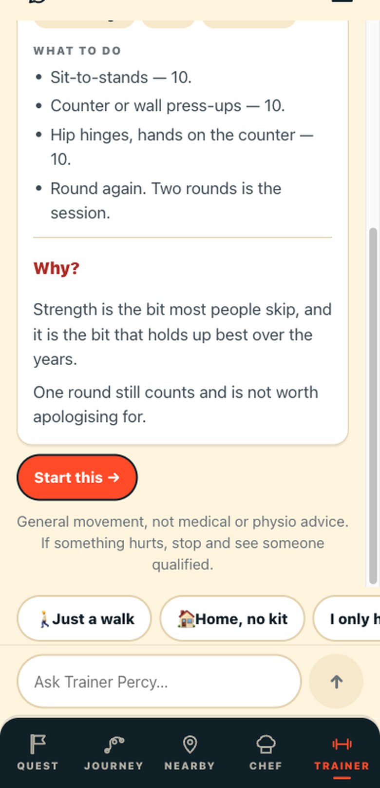 The real app's Trainer screen: a short no-equipment session in plain bullets, why it matters, a Start this button, and the note that this is general movement, not medical or physio advice.
