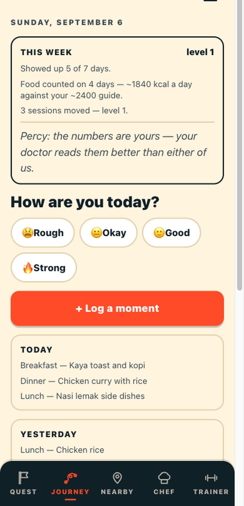 A weekly card from the real app, filled with our own demonstration numbers — showed up, food counted against the member's own guide, sessions moved. Not a member's week, and nothing on it is scored, ranked or coloured.