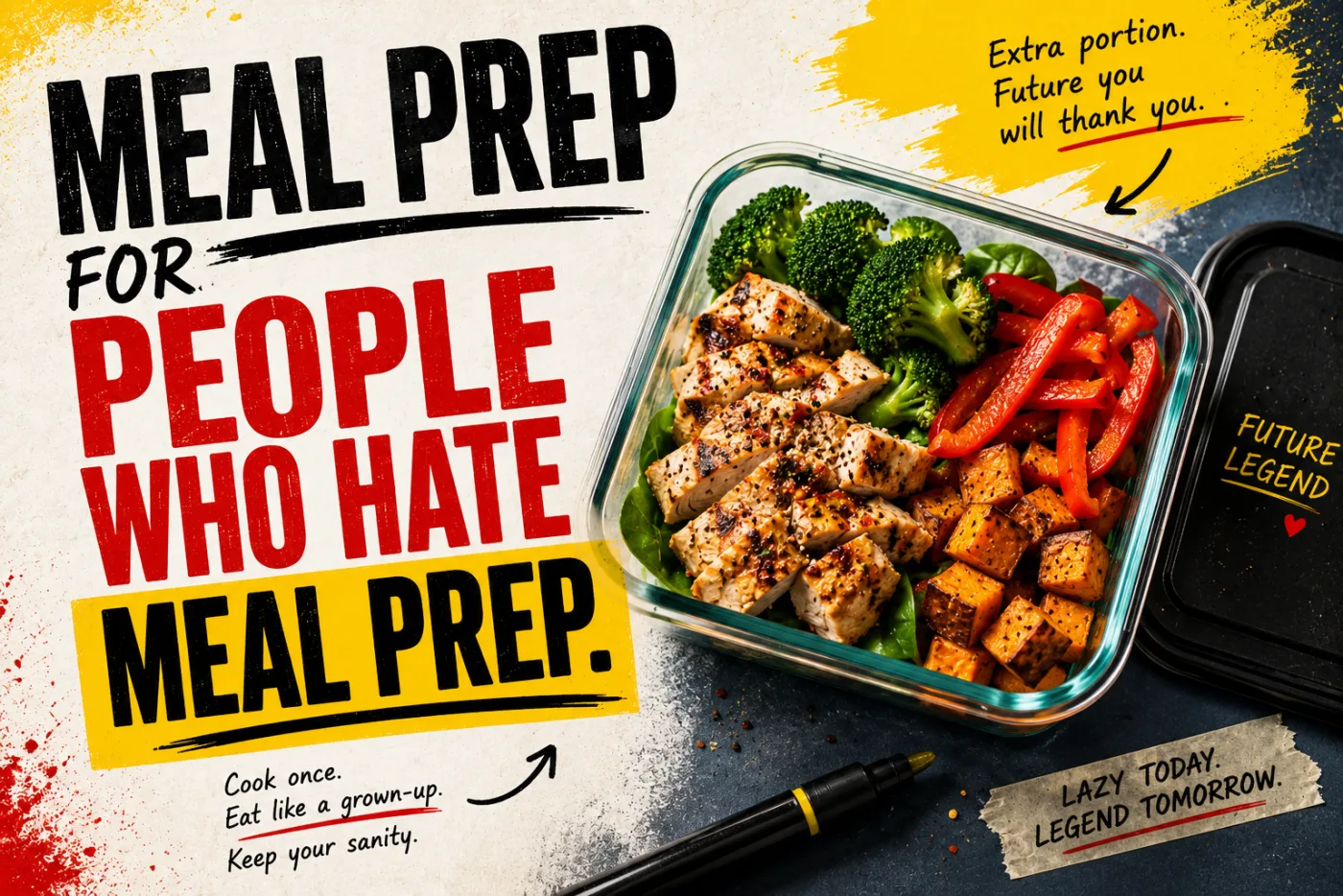 Poster: MEAL PREP FOR PEOPLE WHO HATE MEAL PREP. Cook once, eat like a grown-up.