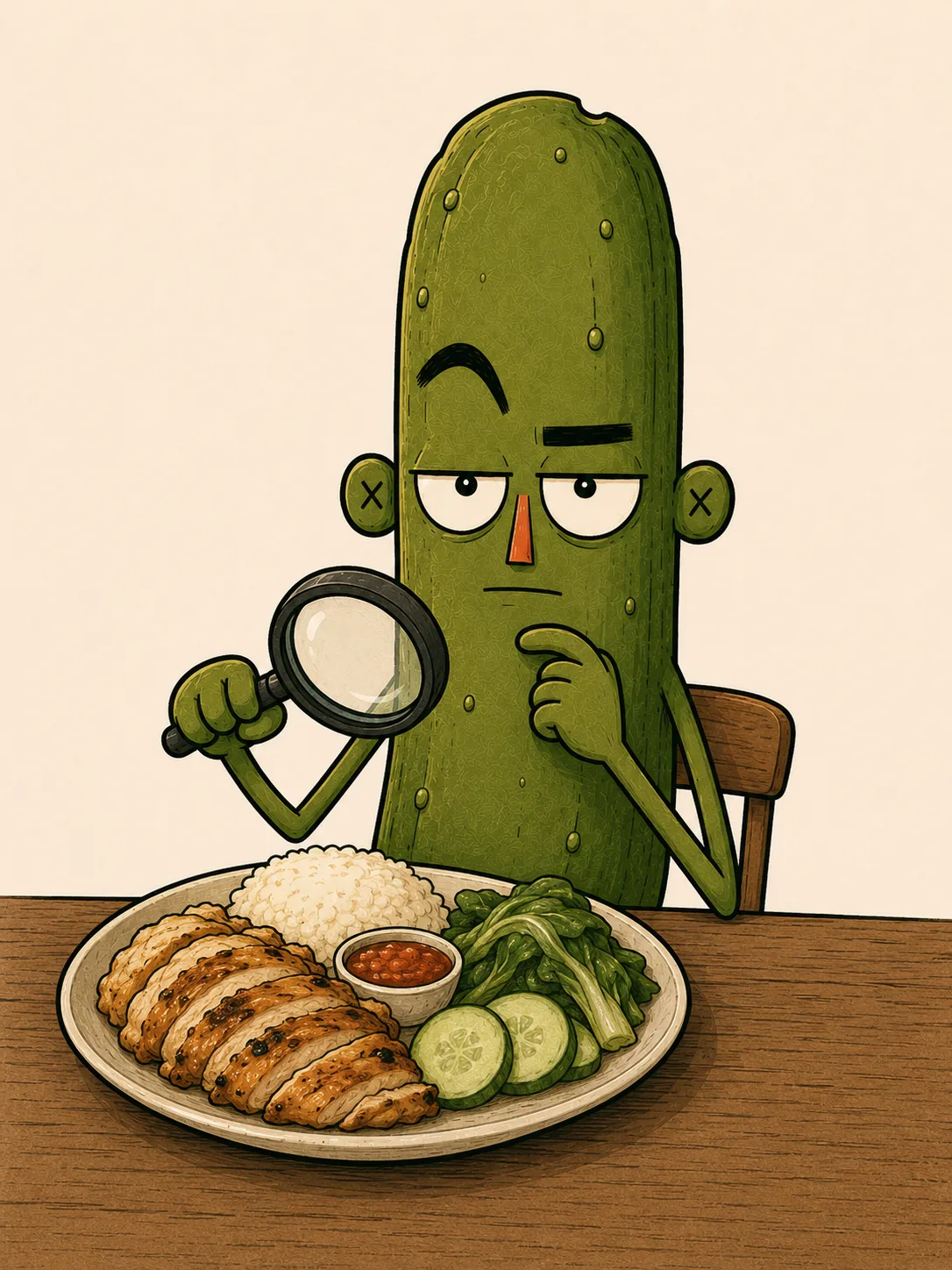 Percy, the Normal Range Club clerk — a deadpan cartoon pickle — inspecting a plate of grilled chicken, rice, greens and cucumber with a magnifying glass.