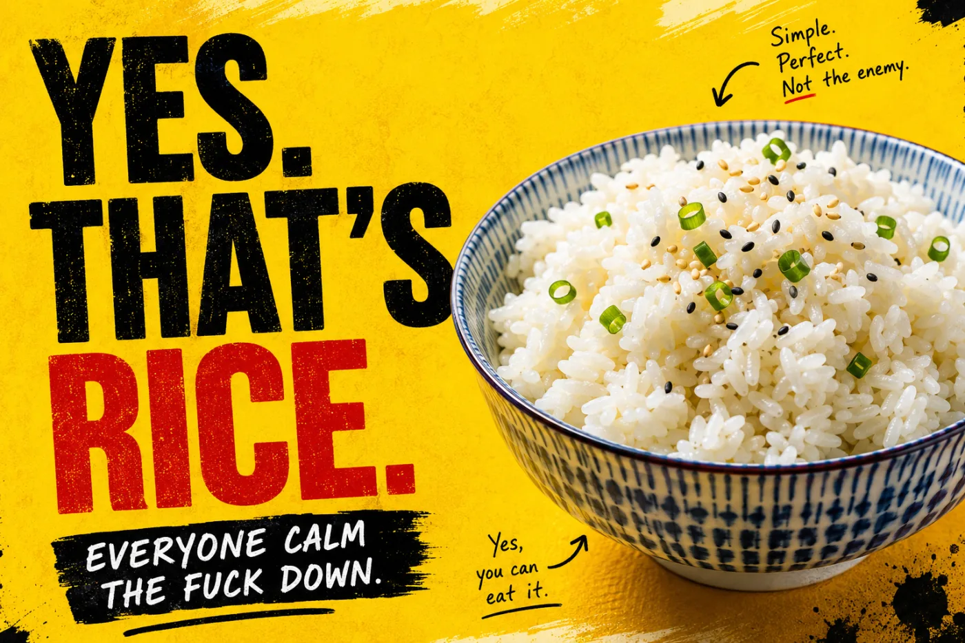 Poster: YES. THAT'S RICE. Everyone calm the fuck down. A bowl of white rice with spring onion and sesame.